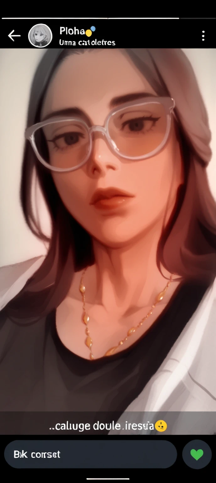 (digital art style) a women as therepist sitting in front of camera, cleavage, blouse, glasses, pretty face, straight hair