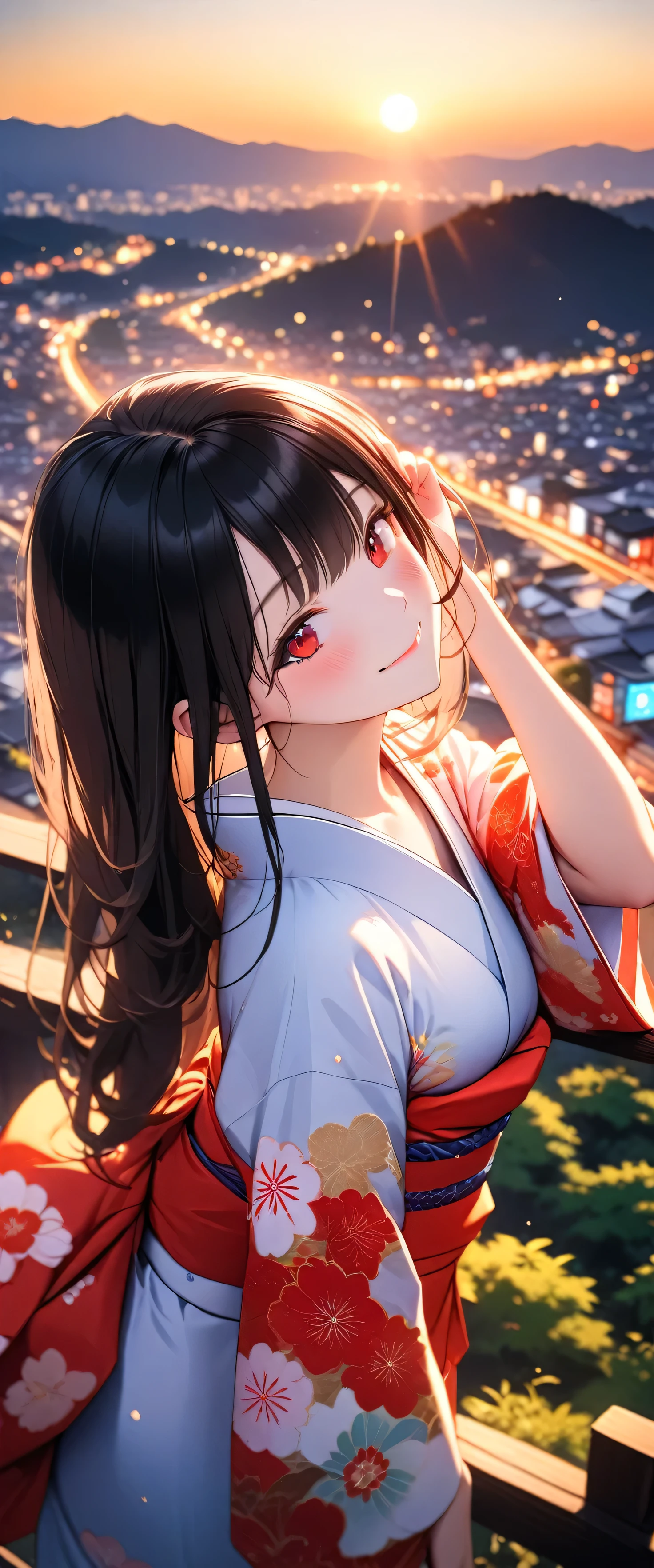 (beautiful girl: 1.3), 1girl ,masterpiece, Highest quality, Ultra-high resolution,rich contrast,super high quality,8k,Highly detailed CG unit wallpaper,texture,Unbelievably absurd,Ultra-high resolution,RAW Photos,Depth of Field 1.2,red eyes,(Beautiful and detailed kimono),blush,White skin,(black hair,twin tales,long hair),Beautiful glossy lips,smile,Closed Mouth,Embarrassing,blush,Leaning forward,Looking up,Tilt your head,overlooking,(magnificent panorama view:1.3),(from side:1.5),Overlooking the city of Kyoto,