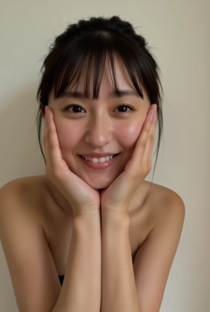 Beautiful Japanese mature woman, nude, naked, Small breasts, cute, Neat, strict, In front of a white wall, cute woman, cute face, look up, Half Open, cute Japanese girl, Portraiture, Genuine, expensive, Slim figure and dark skin, but、There are sunburn marks on the body、Crooked teeth.. smile, Focus on the whole body、Full Body Focus、Crouch down、Spread your legs