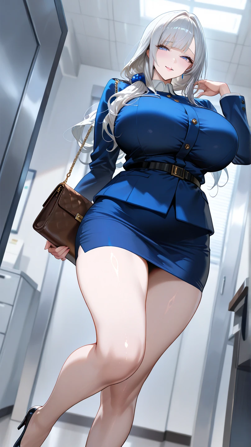 1female, flight attendant, wet clothes, large breasts, smooth white skin, tight skirt, stocking, view from below the legs 