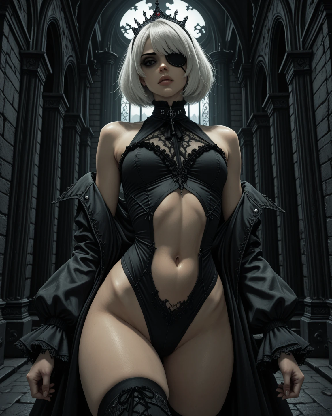 glitchpunk girl,pale milky white porcelain skin, Vampires，Smooth translucent white skin, small thighs，Small waist，Small hips，cropped shoulders，Nice collarbone，ultra-realistic realism，big breasts exposed cleavage,The upper part of the body, A female DJ, Look at the crowd，,Wear a bikini，Tattooed with，red color eyes，goth style，Psychedelic surrealist art，Surrealist psychedelic design，dream art style，Illusion psychedelic art，Quality quantity, Skin texture, Intricate details, (Cinematic lighting), RAW photo, 8K，