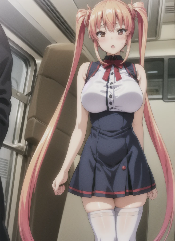 (masterpiece, top quality, highly detailed, 16k anime high resolution, anime style, clean brush strokes, highly detailed, anatomically perfect body), ((mafuyu kirisu)), solo, sexy, perfect Face, beautiful smile, long hair, pink hair, beautifully detailed eyes, blue eyes, hair between the eyes, braid, glamorous body, (big chest: 1.6), (jacket, black), white Y-shirt, long sleeves, White bra, (red skirt, skirt suit), black pantyhose, brown pantyhose, (white lace panties, under pantyhose), black high heels,, toned stomach, wide hips: 1.0, (big butt: 1.4), Tall, plump legs, long legs, (standing, front), (stretching legs and kicking, forward, legs apart), forward facing, (city background, crowd), low angle photo,