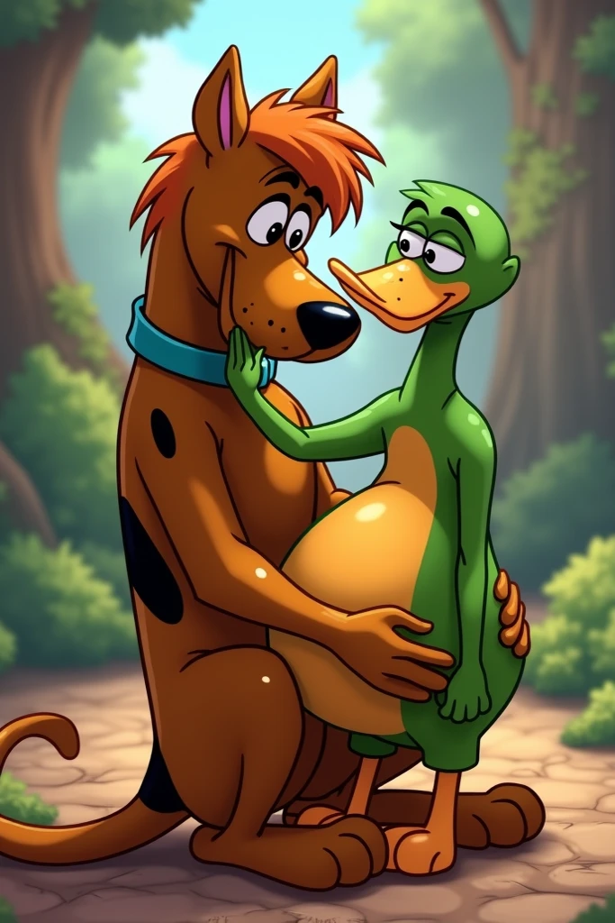 (nude Velma Dinkley (human) sparse pubic hair), full body, blowjob (Scooby Doo, four footed Great Dane dog with dog penis) on a deserted beach