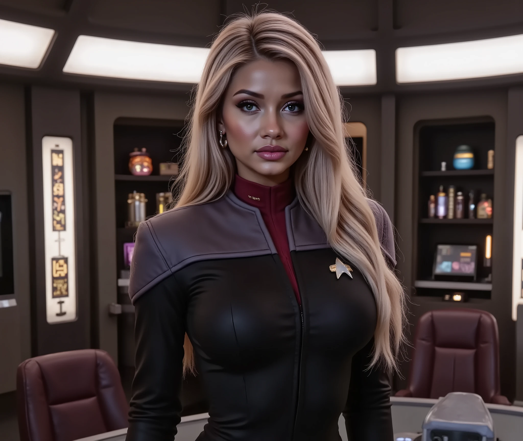 Star Trek, Starfleet commander, mythp0rt, black DS9 uniform with gray shoulders and red collar, Powerful ,Single, Female, On the bridge of the USS Enterprise,
