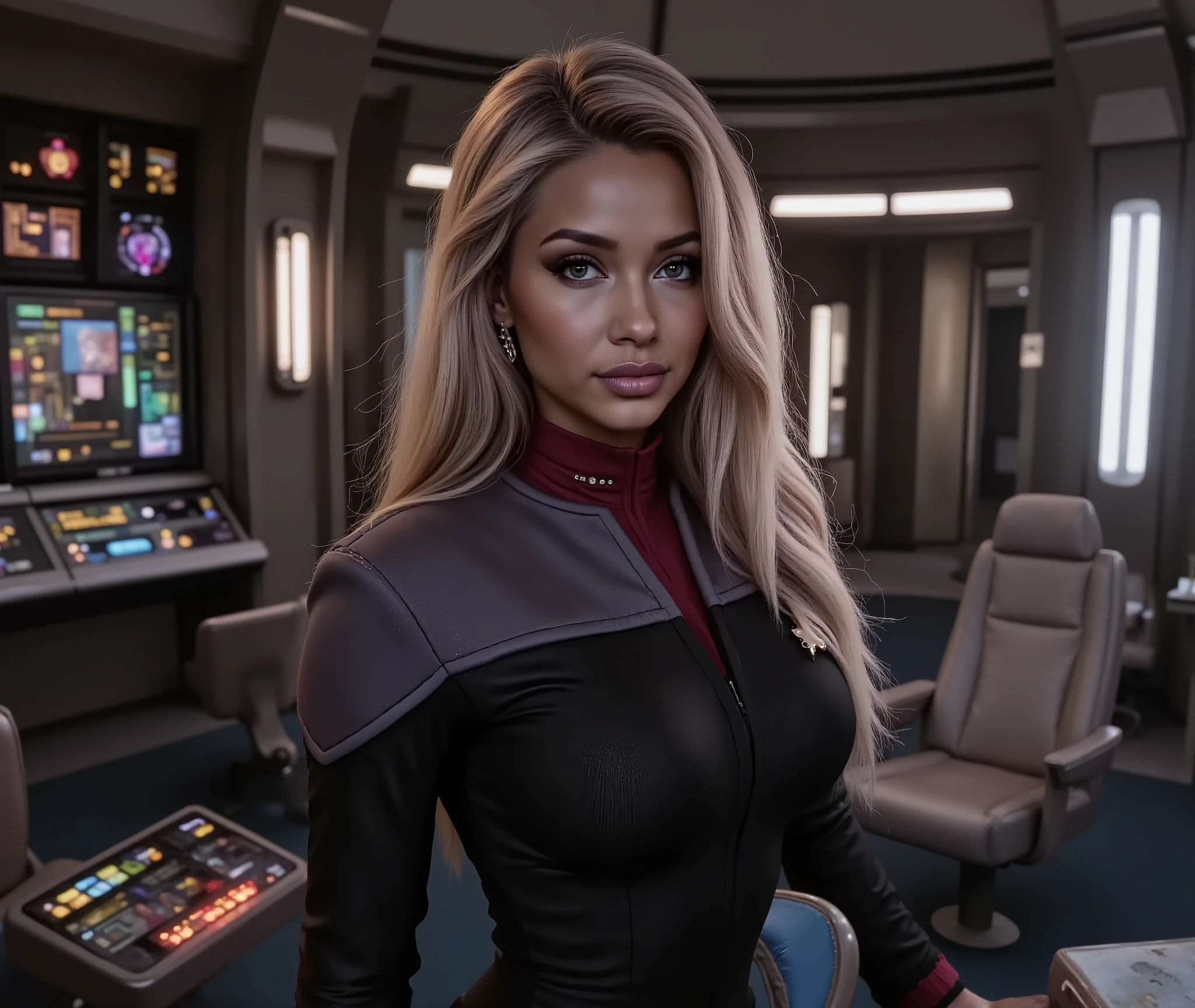 Star Trek, Starfleet commander, mythp0rt, black DS9 uniform with gray shoulders and red collar, Powerful ,Single, Female, On the bridge of the USS Enterprise,
