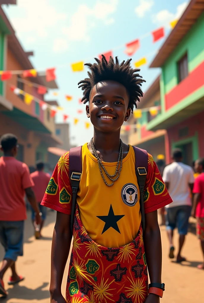 Close-up of an africa america boy of  12 y.o smiling and talking to a girl, background of of some people