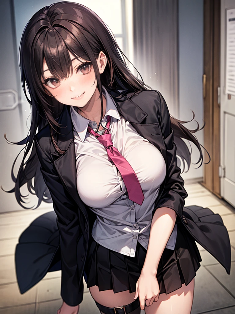 A white-skinned Russian girl with long curly black hair with gray eyes and big breasts sits with her legs spread, Taking a realistic anime style photo in school clothes