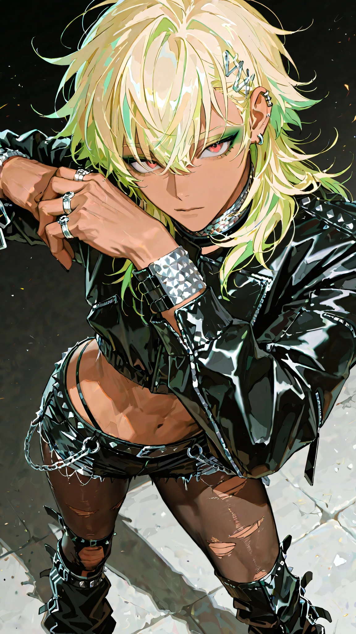 1male,handsome,visual kei style,medium hair, heavy black eyeliner, green eyeshadow,black leather outfit adorned with silver chains, studs,His pose is confident,black nail, bob hair, top quality,high quality,masterpiece, gyaruoh, (blonde:1.2), red eyes, androgynous, green hair tip highlight, beautiful young man, slightly muscular, 6 foot tall, hair clips, tanned skin, 18 years old male, solo, detailed face, mullet hair, punk, bolero jacket, (hot pants:1.2), (crop top:1.2), piercings, naval piercing, side parting, high cut thong, adult male, dot eyebrows, hot pants, ripped tights, close up, simple background, rings, dutch angle, leg warmers, feet out of frame, standing