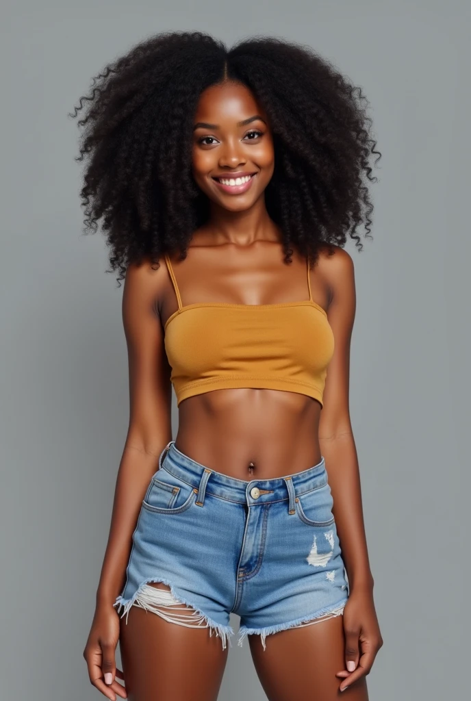 A Raw Ultra High-resolution photoshoot of Kenyan American Ebony supermodel Malaika Giza, also known as the Angel Dark. She has Silky Black Hair and striking Brown eyes. Her skin has very dark skin tone.  
She is standing outdoors, likely in an urban setting. She has a voluminous, curly hairstyle. She is wearing a burgundy crop top that reveals her midriff and a pair of high-waisted, light blue denim shorts with distressed edges, showcasing her toned legs. Her outfit is casual and trendy. She is looking at the viewer with joy and subtle smile.