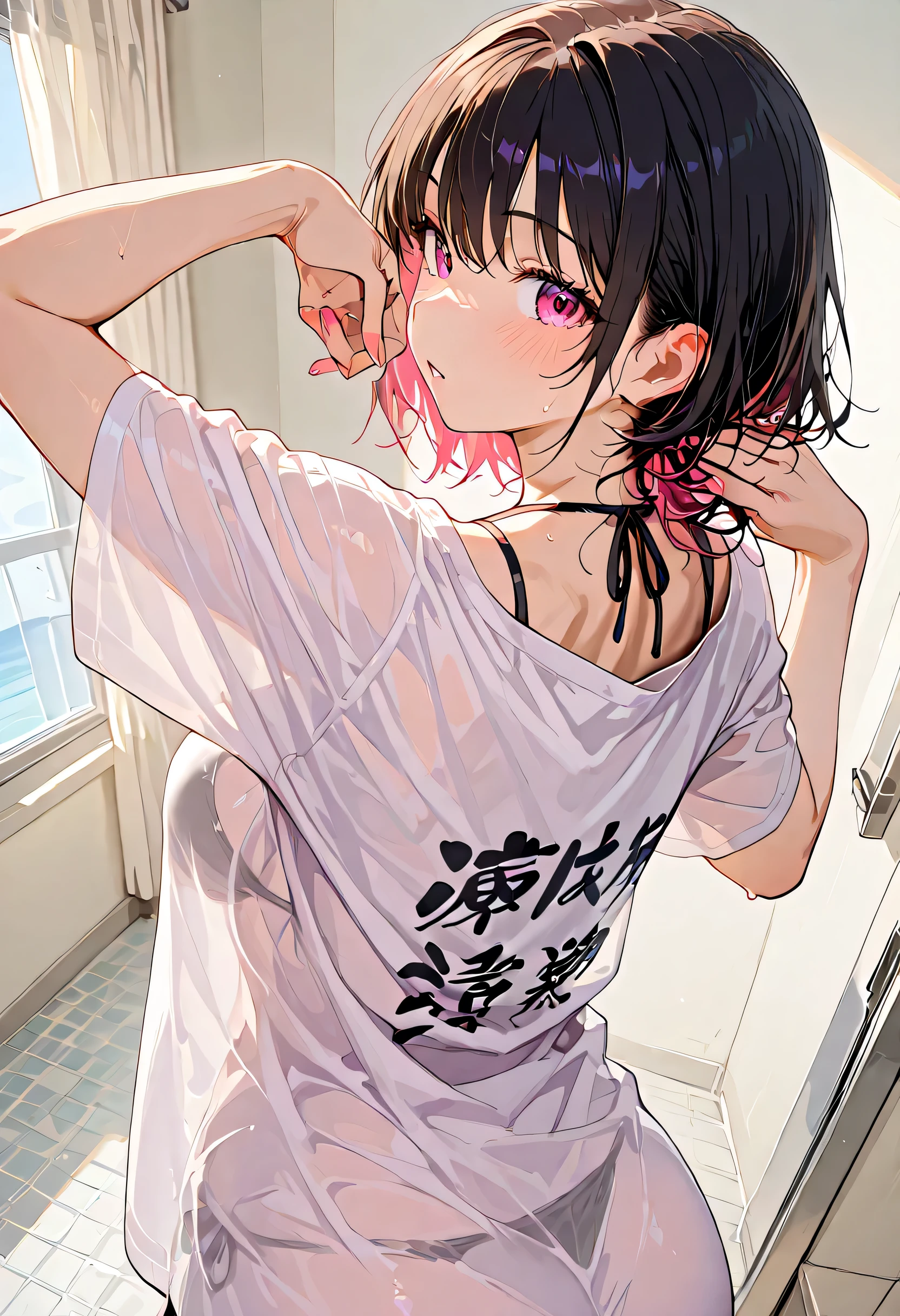 fisheye lens from the sky、black hair( pink inner color)、Shortcuts(Long nape、Long pile ),Single Female ,pose,4K HD Wallpaper Glossy Skin,anime girl,black bikini、 white oversized t-shirt、