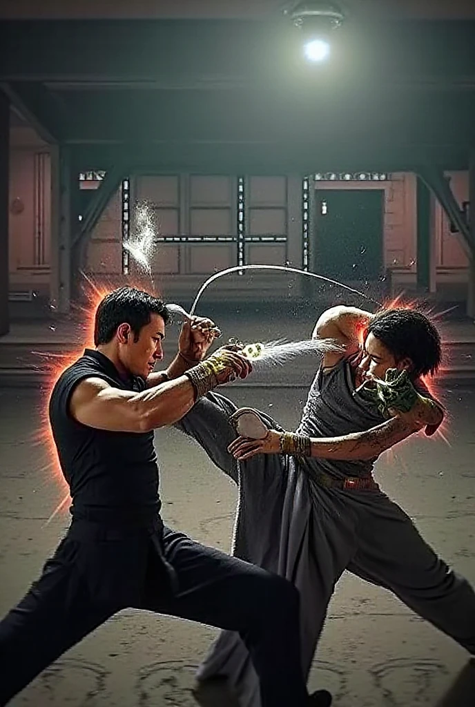 mid-angle shoot, side-angle view, fish-eye effect, a big muscular body Chinese young man, buzz-cut hair, wearing a grey yukata pants, dark style, barefoot, shawl cloth floating, wearing thunder gauntlets, clashing fist, a yellow-black lightning effects, a black smoke evaporates from his body, spinning attack pose on a rock, fire sparks effect, flying debris, focus on detailed eyes,super detailed,realistic, HDR, background the forest view and a rocky river, white lighting.
