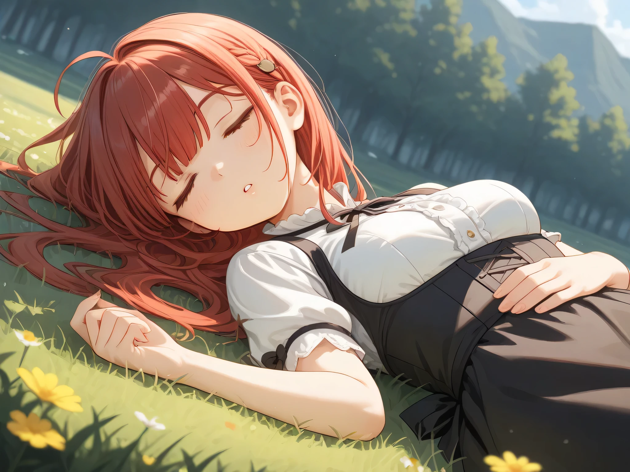 Woman lying down and sleeping on the prairie、bust shot