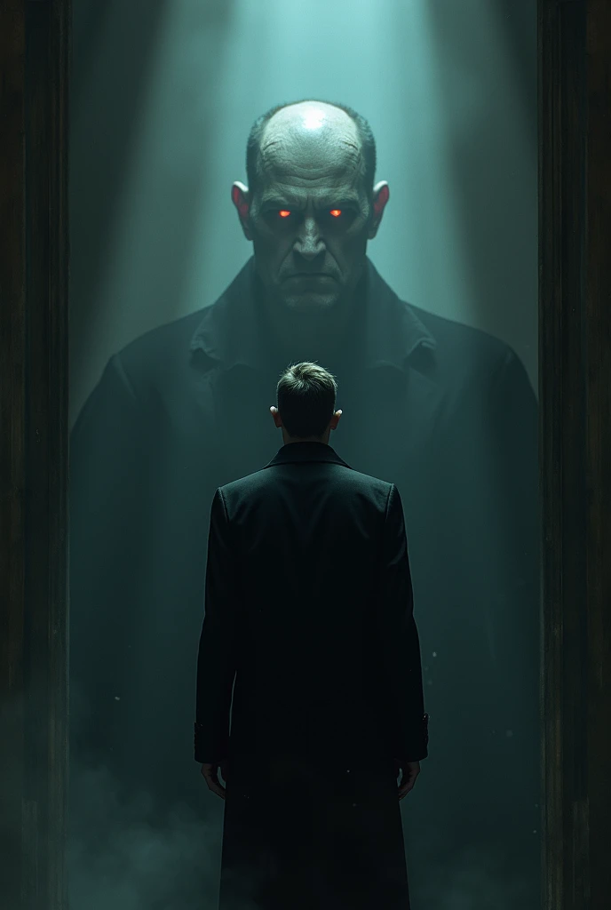a blood-colored moon reflects through the windows, inside an old chapel with altar, man in suit waiting, a monster on the chapel altar