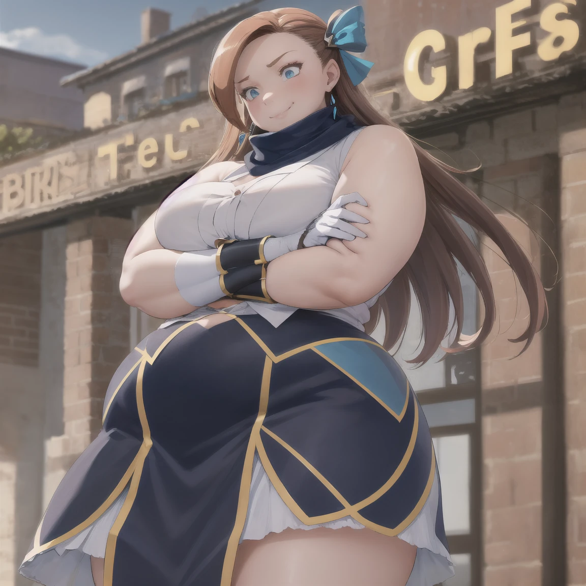 1girl, melusine, blue skin, orange eyes,very long hair, curly ears, smile, blush, gigantic breast, looking at viewer, standing, full body, outdoor, stockings