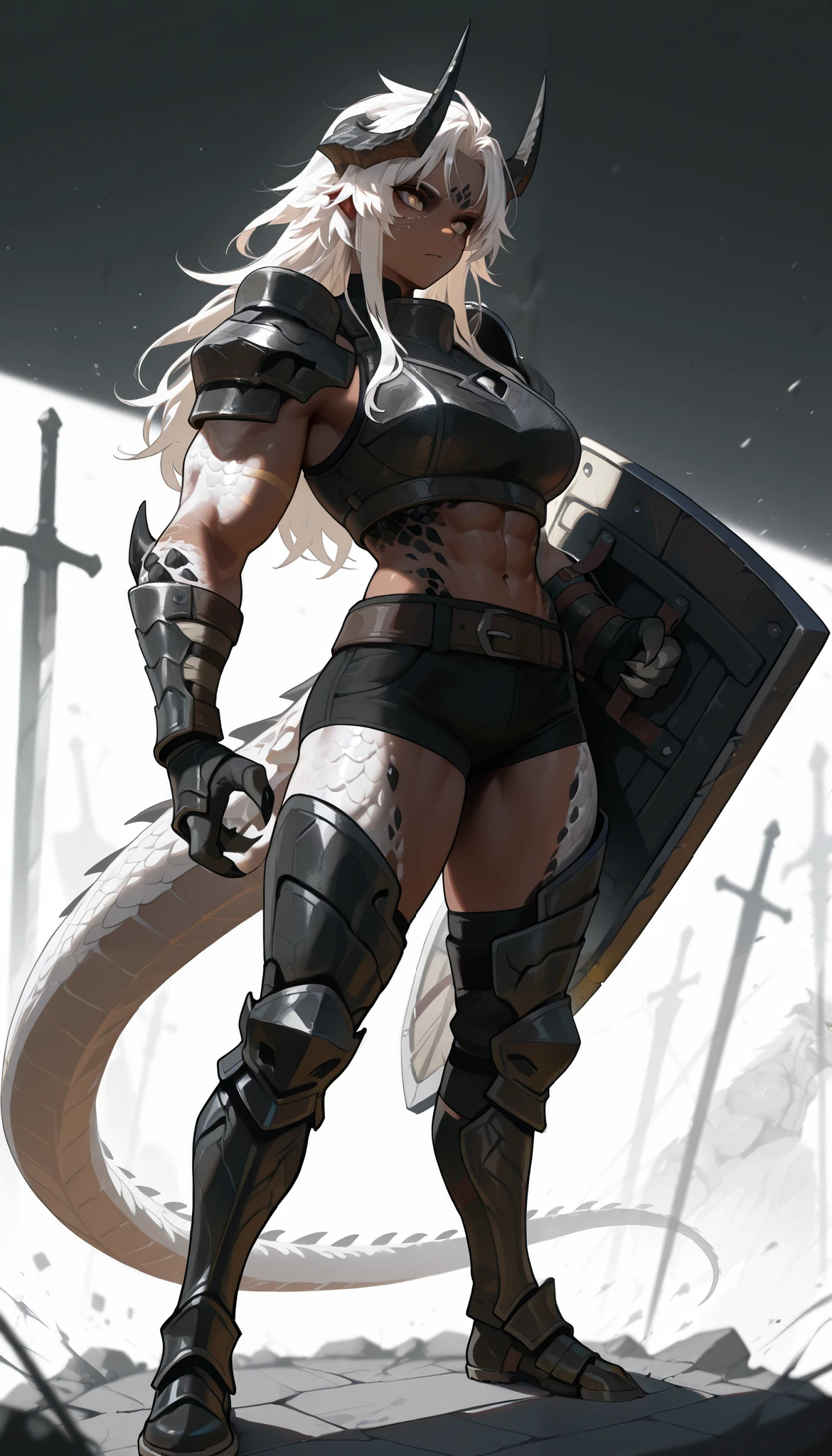 muscular creature, horns, yellow eyes, short spiky white hair, black crop top, humanoid arms with scales, sharp claws and scales, silver scales on arms and legs, calm pose, athletic, posed in a dynamic stance,dark skin tone, BREAK background is simple and muted, with a gradient effect and soft, neutral tones, (black heavy armor, holding huge black shield)