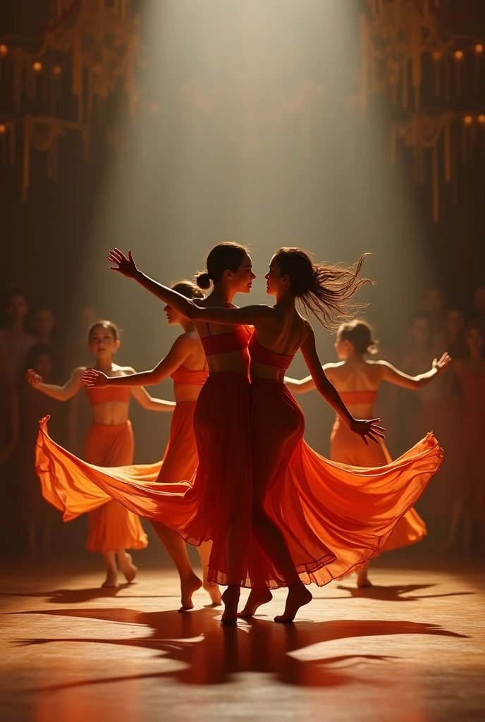 Three pretty, beautiful women perform an intensely synchronized dance in a large hall under a chandelier. The scene is grand and powerful, with dynamic shots capturing the energy and precision of their dance. Lighting includes flashing lights and dramatic color changes to enhance the dramatic effect.