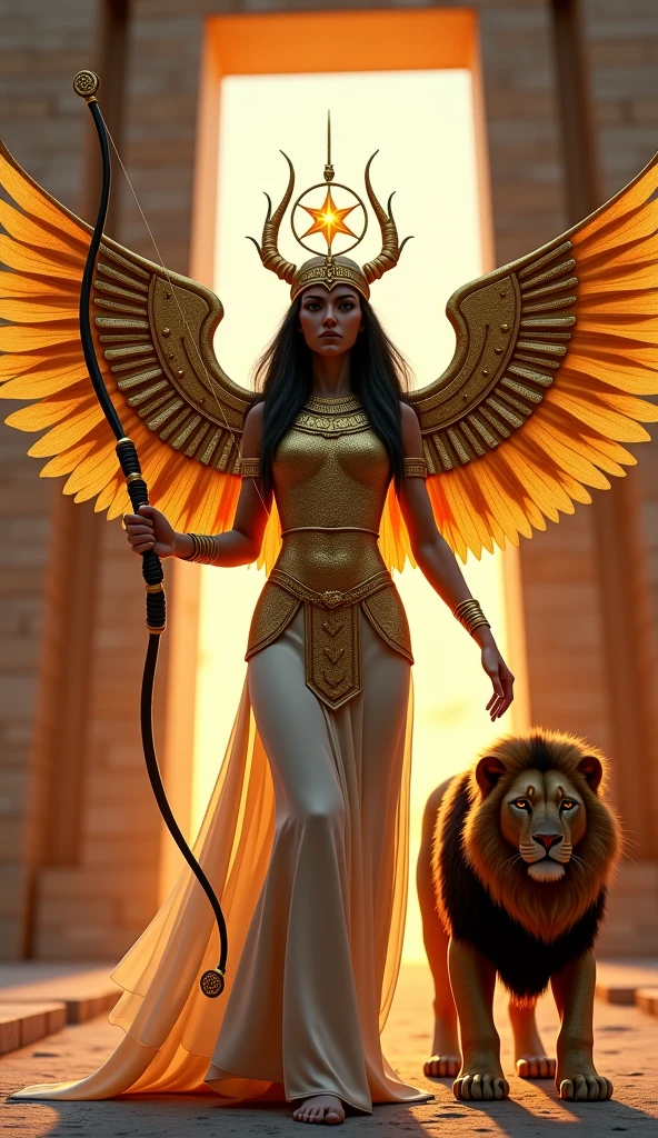 image of white marbel statue of INANNA the queen of heven in mesopotamian legend, with huge wings and a lion beside her