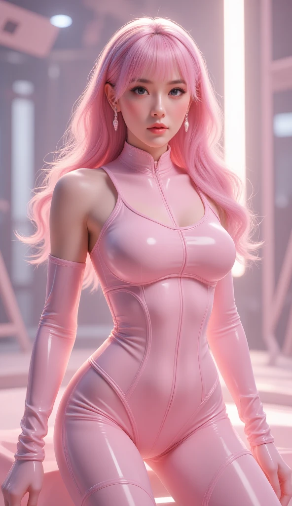 Pink latex bodysuit,Cutouts and hout neckline, latex shiny, Pink body, Wearing Kudo Tsuko latex suit, Wear a tight suit, smooth pink skin, Body-tights, Wear latex, shiny plastic, shiny metallic glossy skin, Pink glowing color, latex outfit, chrome bodysuit, Cyberpunk glossy latex set, Shiny, Futuristic glossy latex set spread their legs M-shaped legs angry look sullenness exasperation