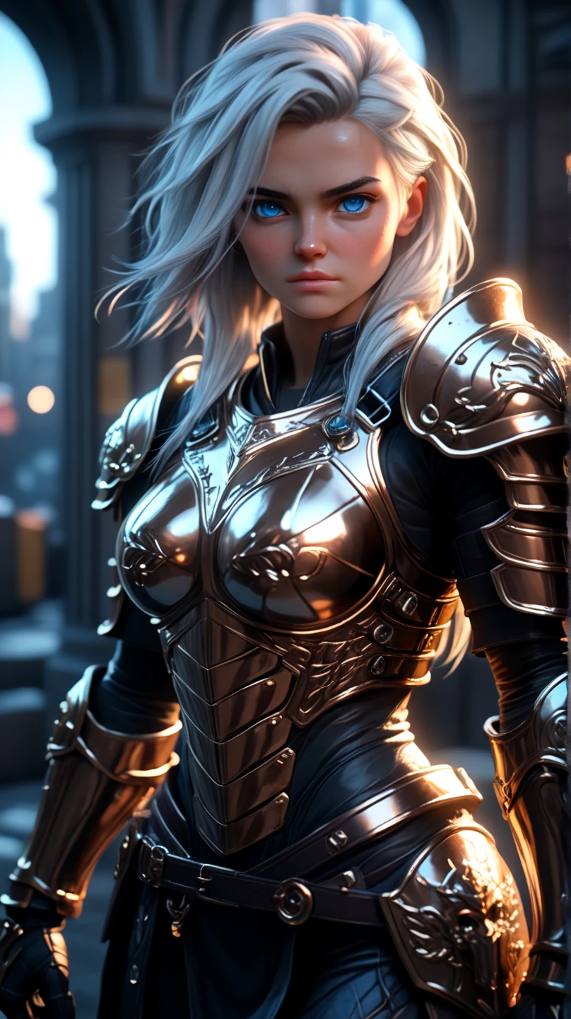 Create a handsome hellman soldier in silver armor that looks intimidating, blonde hair above her shoulders and honey-colored eyes, make it look cruel 