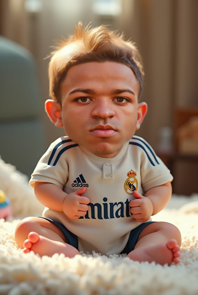 There's a boy sitting next to a teddy bear on a bed, with Neymar and Cristiano Ronaldo next to him, photorealistic.