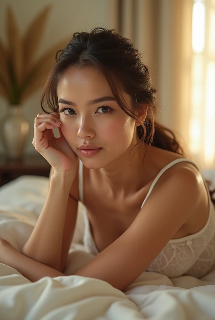she is name ahu 20 years old (brunette white skin) ,(tall woman),(long legs),single woman, chest 80 waist 60 hip 80 , G30, tall woman, sexy pose, ultrarealistic,She is wearing a wet white cropped t shirt and a white thong in bed giving a sexy look, huge smiling , .RAW, Nikon Z 85mm, award-winning glamor photography, ((best quality)), ((masterpiece)), ((realistic)), (long brunette hair), hazel eyes,intricate details, highly detailed, sharp focus, professional, 4k, stunning hazel eyes, delicate, innocent, high resolution, detailed facial features, high detail, sharp focus, soft , aesthetic, extremely detailed, photo_\(ultra\), photorealistic, realistic, post-processing, maximum detail, real life, ultra-realistic, photorealism, photography, 8k uhd, photography, russian face,( Full Body),(Full Body),NSWF,background cozy home,She is wearing a wet white cropped t shirt and a white thong in bed giving a sexy look