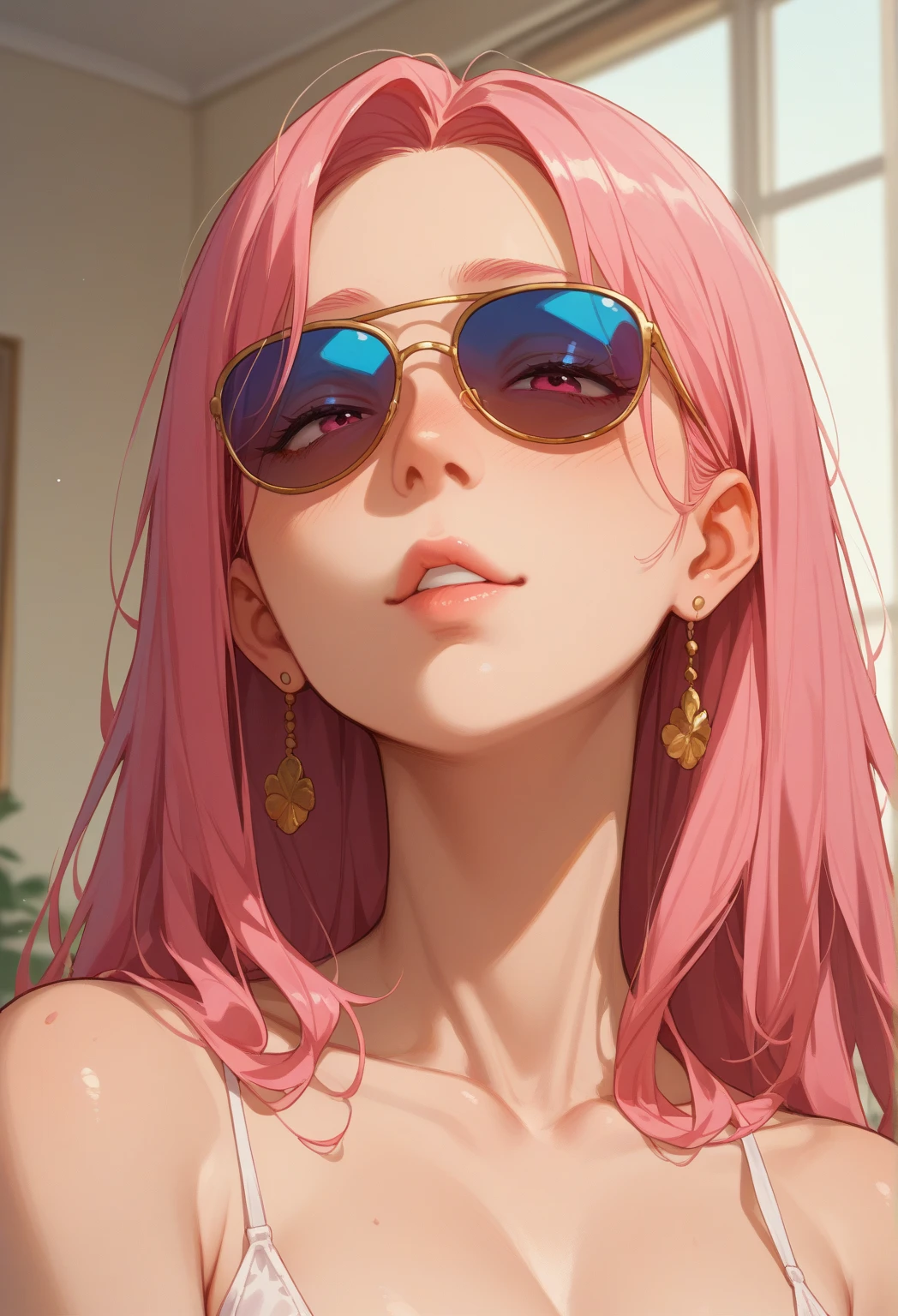 NUDE woman with pink hair and sunglasses standing in front of palm trees, BIG ,rossdraws pastel vibrant, :: rossdraws, rossdraws cartoon vibrant, 🌺 cgsociety, inspired by rossdraws, cute art style, digital art. artstation, rossdraws portrait, artgerm and rossdraws, colorfull illustration, beautiful anime art style, rossdraws 2. 0