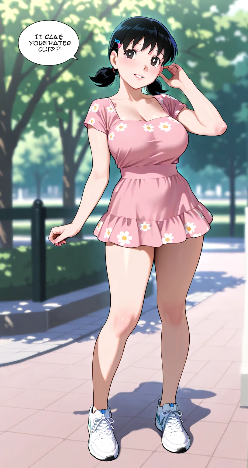 score_9_up, score_8_up, score_7_up, 1girl, solo, source_anime, hourglass figure, Big breasts, kemonomimi, bear ears, brown hair, short hair, messy_hair, blue eyes BREAK freckles, floral print sundress, green sundress, bare shoulders, strapless, high socks, green sneakers, smile, open mouth, looking at viewer, outdoors, standing, flower garden, wooden fence, bush, blush 