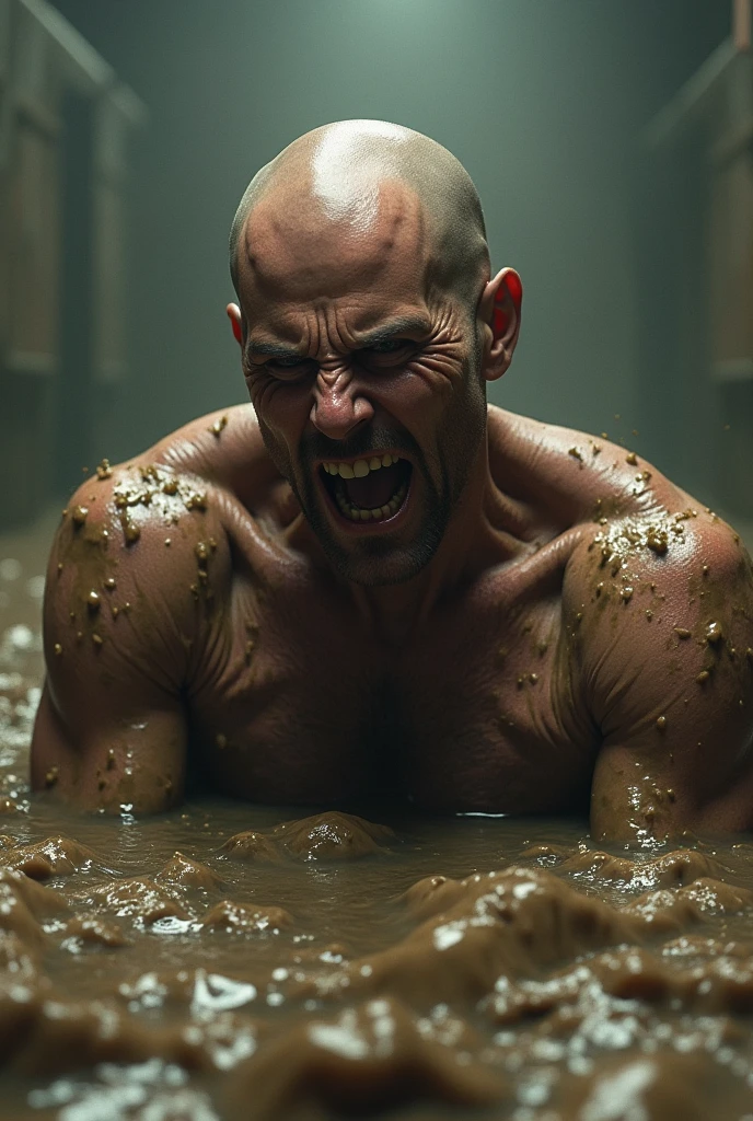 A dark limestone cavern, green lighting, shoulders hunched, head bowed, sweat dripping from his face, standing as if about to collapse, a naked Superman in white briefs standing with a pained and pitiful expression on his face, a middle-aged man, solidly-built, mouth open, eyes wide open, black hair with white sides, iron bars on this side, businessmen looking on from outside