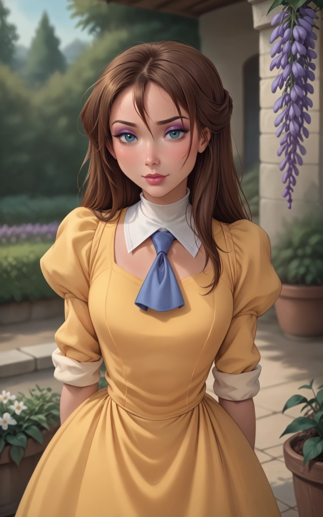 1girl, blue eyes, breasts, brown hair, long hair, narrow waist, makeup, puffy sleeves, lipstick, lips, hair between eyes, eyeshadow,
sleeves rolled up, turtleneck, white gloves, yellow dress, juliet sleeves, ascot, long sleeves, necktie, blue ascot, short sleeves,
(leaning forward, arms behind back), cowboy shot, garden, wisteria, outdoors, depth of field, solo,