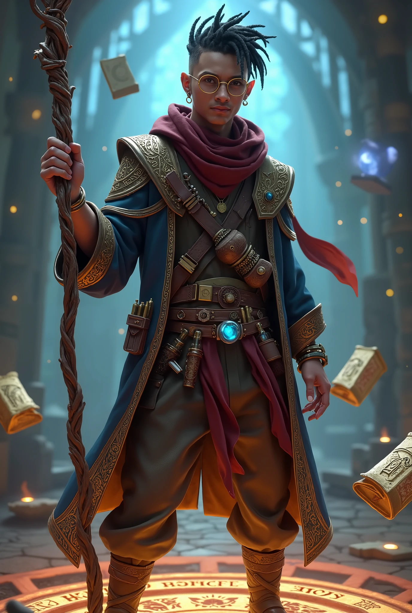 This image depicts a modern and stylish wizard, a character clearly embedded in a magical fantasy universe. The figure is of a young spellcaster with a confident and intellectual appearance, surrounded by elements that reinforce his connection with the arcane and knowledge. The wizard has short, curly hair, styled in dreadlocks or twists with shaved sides, giving him a contemporary aesthetic. He wears round glasses with gold frames, a touch that gives him an air of intellectuality and refinement. He also has gold earrings and a nose piercing, which adds to his bold and modern look. He wears a long, ornate robe, predominantly in shades of brown and gold. The fabric has magical and runic patterns detailed in gold on the sleeves, hems and chest. The collar of the robe is high, and he has a wine-colored scarf or kerchief wrapped around his neck, fluttering gently, suggesting movement. A utility belt filled with vials, scrolls and pouches is attached to his waist. He holds a staff of twisted wood, the branches of which curl around a magical orb, glowing blue and mysterious. Three books float around him, one open in front of him and two spinning in his left hand. The pages of the books are filled with runes and magical symbols, indicating that he is either casting or studying in real time. On the ground around his feet is a glowing magic circle with runic inscriptions, indicating that he is within a ritual area or channeling arcane energy.