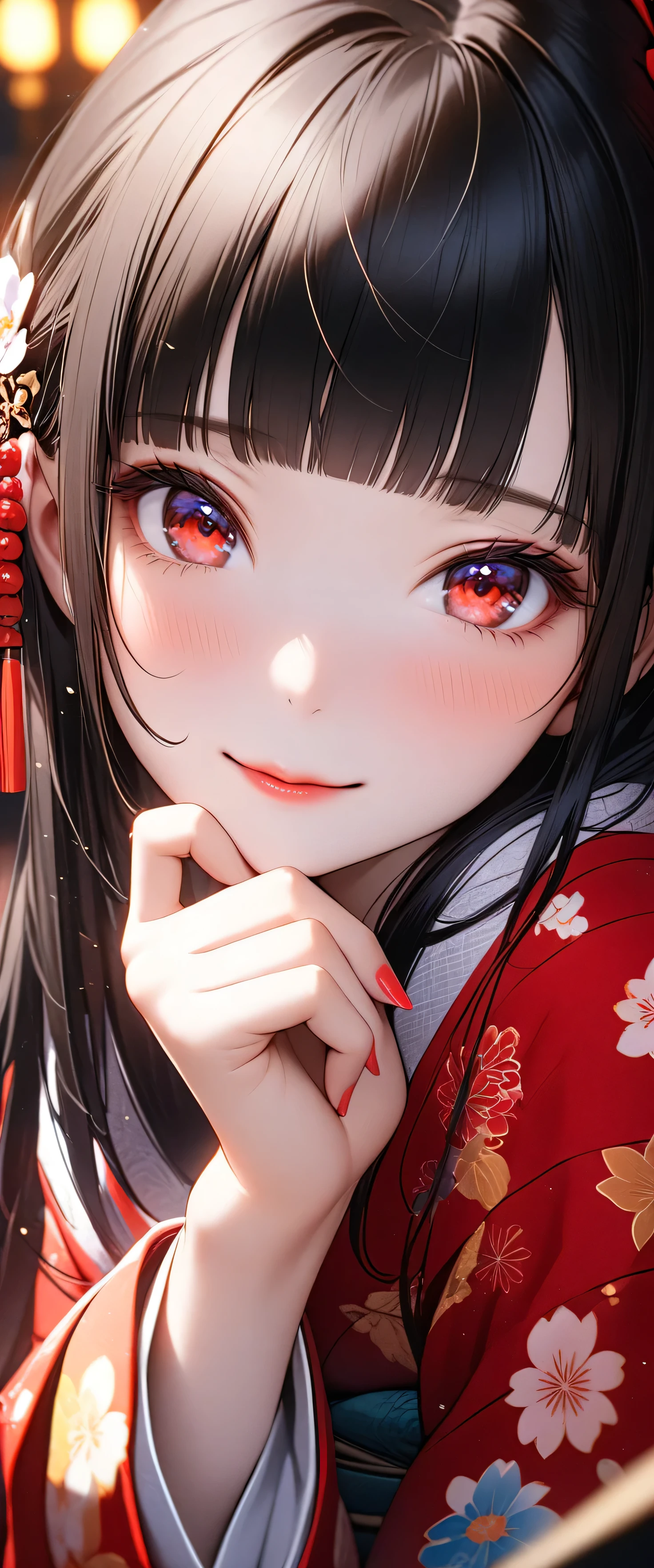 Anime girl with long black hair and red dress posing for a picture ...