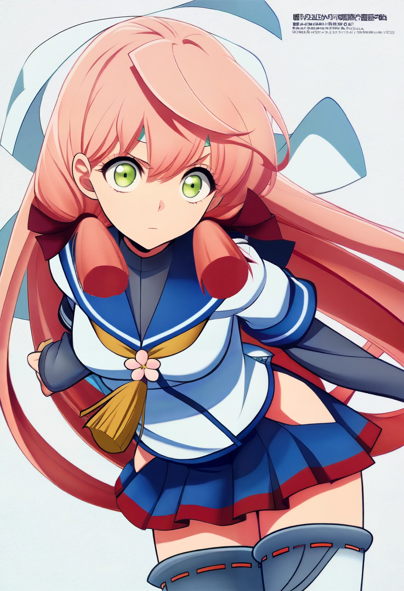 high resolution pictures, masterpiece, Best Quality, great quality, official art, Alone, 1 girl, AkashiKc,long hair,green eyes,pink hair,skirt, thighhighs, long sleeves, school uniform, hair ribbon, pleated skirt, serafuku, blue skirt, tress ribbon,  bandana, hip vent,( grey)arm sleeves,