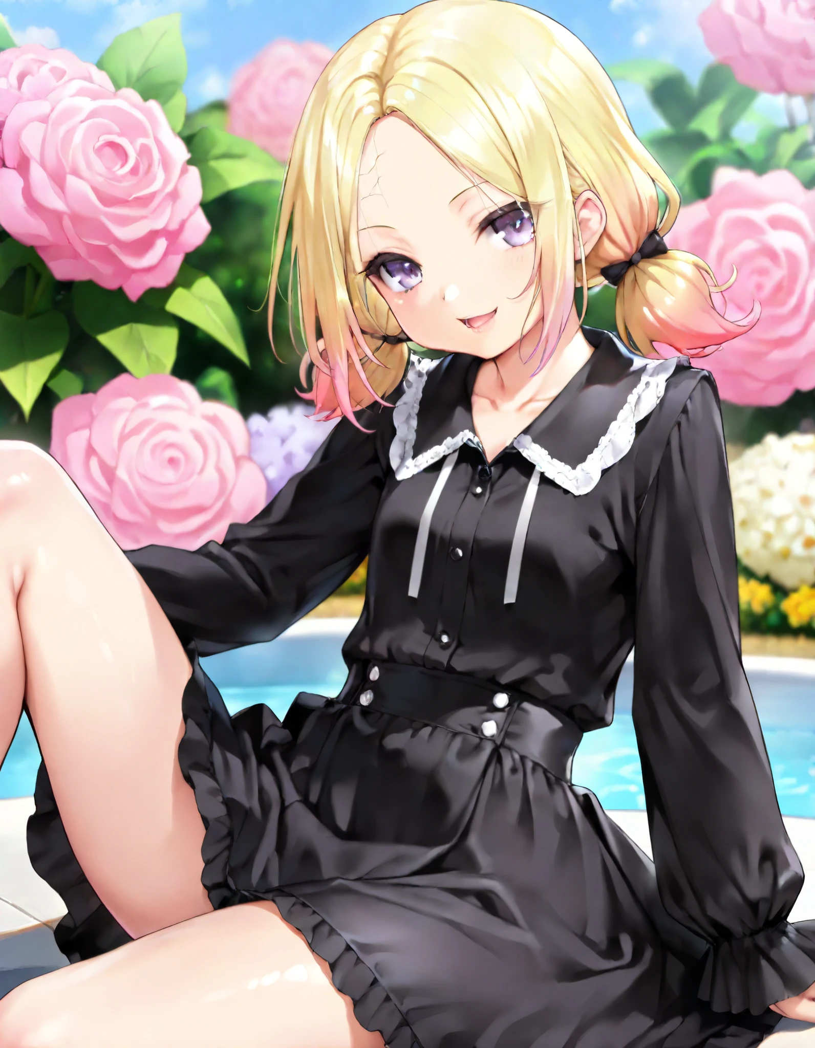 ((Masterpiece)), ((best quality)), (8K), ((cowboy shot)), (detailed background:1.2), (super detail:1.2),(High Definition:1.3), (Professional Photography:1.2), (very aesthetic:1.2), (absurdres:1.2), (sharp focus), ((1girl)), (cute young girl), Textured skin, (seductive smile, open mouth), (pale purple eyes, gradient eyes, looking at side), Beautiful collarbone, (Healthy Gaunt body), small breast, ((long parted bangs, cute forehead)), (low twintails, short twintails), medium hair, (beautiful blond hair, gradient hair, pink color Hair Tip), (cute cheeks), glossy lips, pouty lips, (lower eyelashes), BREAK, (loose collared shirt, gothic ta collared shirt, Black shirt, Black gothic skirt), ((lift the skirt, lift by self)), Sitting on the edge of the fountain, (knee up, outdoor, Beautiful Dreamy garden),