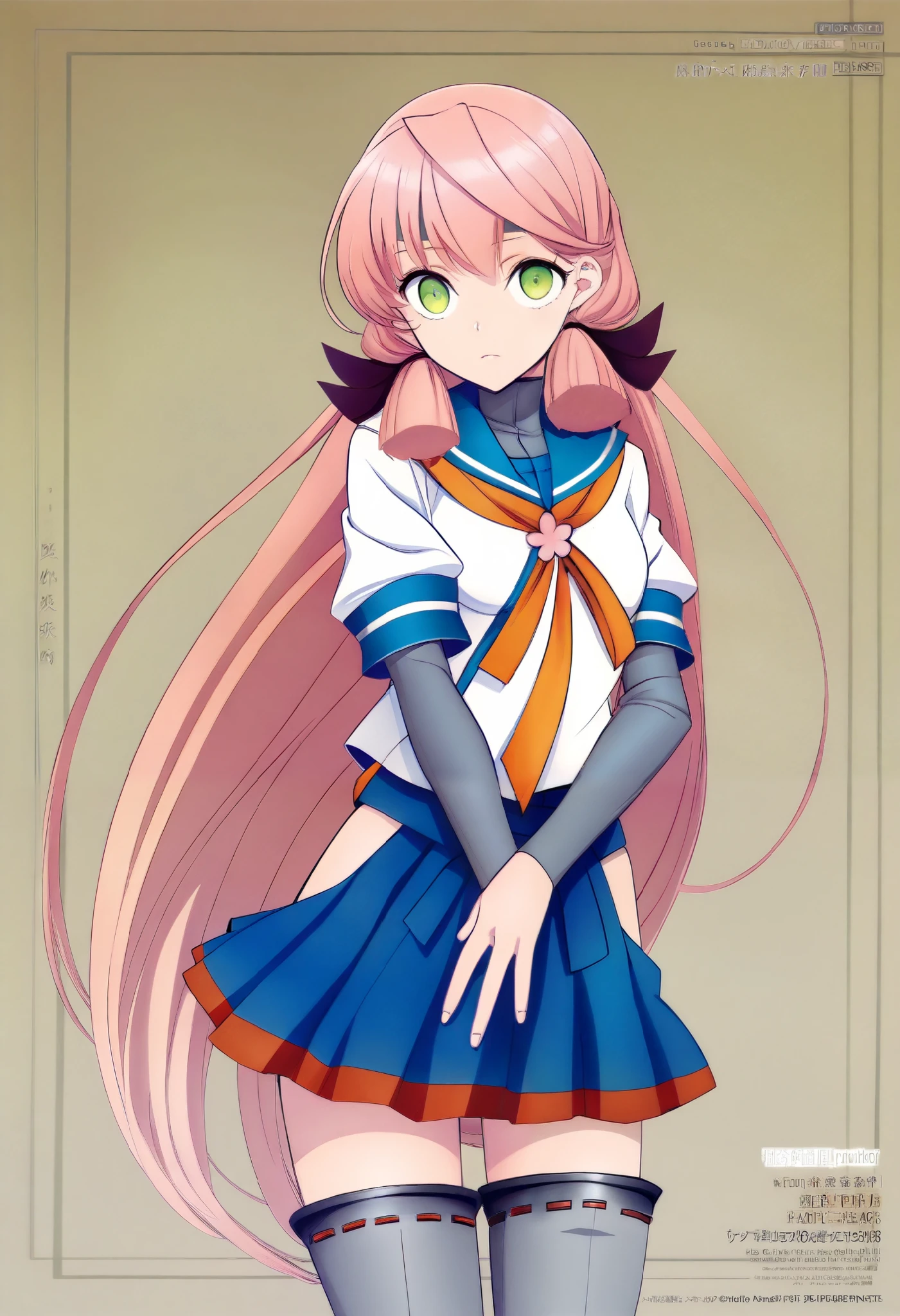 high resolution pictures, masterpiece, Best Quality, great quality, official art, Alone, 1 girl, AkashiKc,long hair,green eyes,pink hair,skirt, thighhighs, long sleeves, school uniform, hair ribbon, pleated skirt, serafuku, blue skirt, tress ribbon, bandana, hip vent,( grey)arm sleeves,