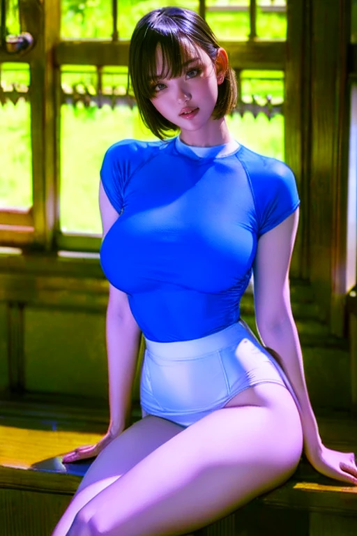 (masterpiece: 1.21), (highest quality), very detailed, super detailed, 1. Short-haired girl, (fantastic scenery: 1.2, Natural light: 1.5, confident look), (panorama: 1.2), smile, ((13 year old Japanese girl, young face, baby cuteness)), (((camel toe))), (8k、ultra high resolution、highest quality、masterpiece、realistic、ultra high resolution)、((((girl、light blue enamel power ranger、big chest、always cover all breasts))、Wearing a light blue leather full body suit、(big emblem on the chest、Always wear a belt with a large buckle)、Shopping mall、Full body model pose:1.4))(white suit、black hair、Truly a Sentai Hero、cute smile:1.1)、(((slim、thin waist、thin thighs、long legs、thin arms、very short hair)))