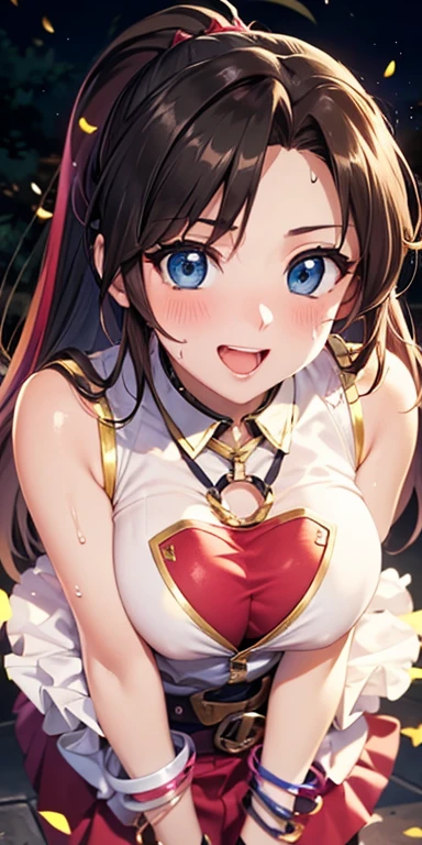 yor briar, anime style beutiful woman, 1girl, happy, smile, red face, closed mouth, beautiful detailed eyes, super detailed skin, backlighting, bare shoulders, black background, black dress, black gloves, black hair, breasts, dress, earrings, fingerless gloves, floating hair, floral print, flower, gloves, gold earrings, gold hairband, hair flower, hair ornament, hairband, holding, holding weapon, jewelry, large breasts, long hair, looking at viewer, off-shoulder dress, off shoulder,red eyes, short hair with long locks, sidelocks, solo, spikes, thighs, two-sided dress, two-sided fabric, weapon, fighting stance , face, close up, from above, highest quality, high resolution.