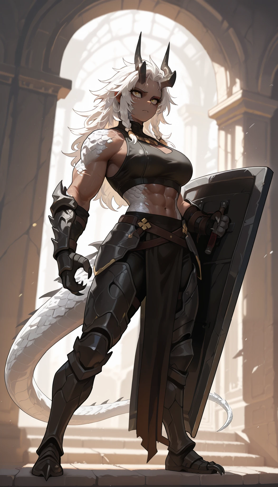 muscular creature, horns, yellow eyes, short spiky white hair, black crop top, humanoid arms with scales, sharp claws and scales, silver scales on arms and legs, calm pose, athletic, posed in a dynamic stance,dark skin tone, BREAK background is simple and muted, with a gradient effect and soft, neutral tones, (fully clothed, black heavy armor all over, holding huge black shield)