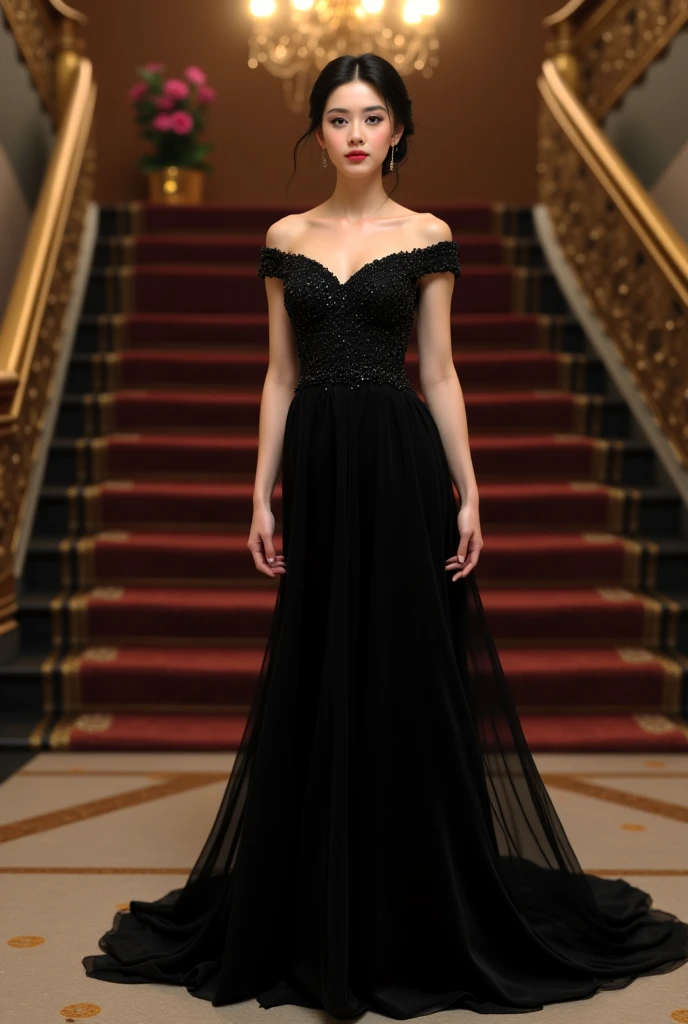 ((best quality)), ((masterpiece)), (detailed), perfect face realistic photo of beautiful woman with long dark brown hair, Russian, influencer, light freckles, dark brown eyes, big lips, no makeup, instagram, standing in front of a black wall with bunch of black and gold balloons, baroque, black pearls and golden gems, all black matte product, wearing long gown, couture style, backdrop, black tie, flat lay, big arches in the back