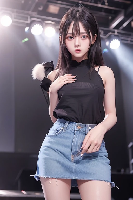 ((highest quality、8k、masterpiece:1.3)),((((fullbody shot)))),Ultra-high resolution,big eyes,Japanese,bangs,(a girl),(1 girl),((20 years old)),((facing at viewer)),(long hair),(((black sweater))),grin,((squatting on stage)),(((pussy))),((skirt lift)),(((black short crew socks)))