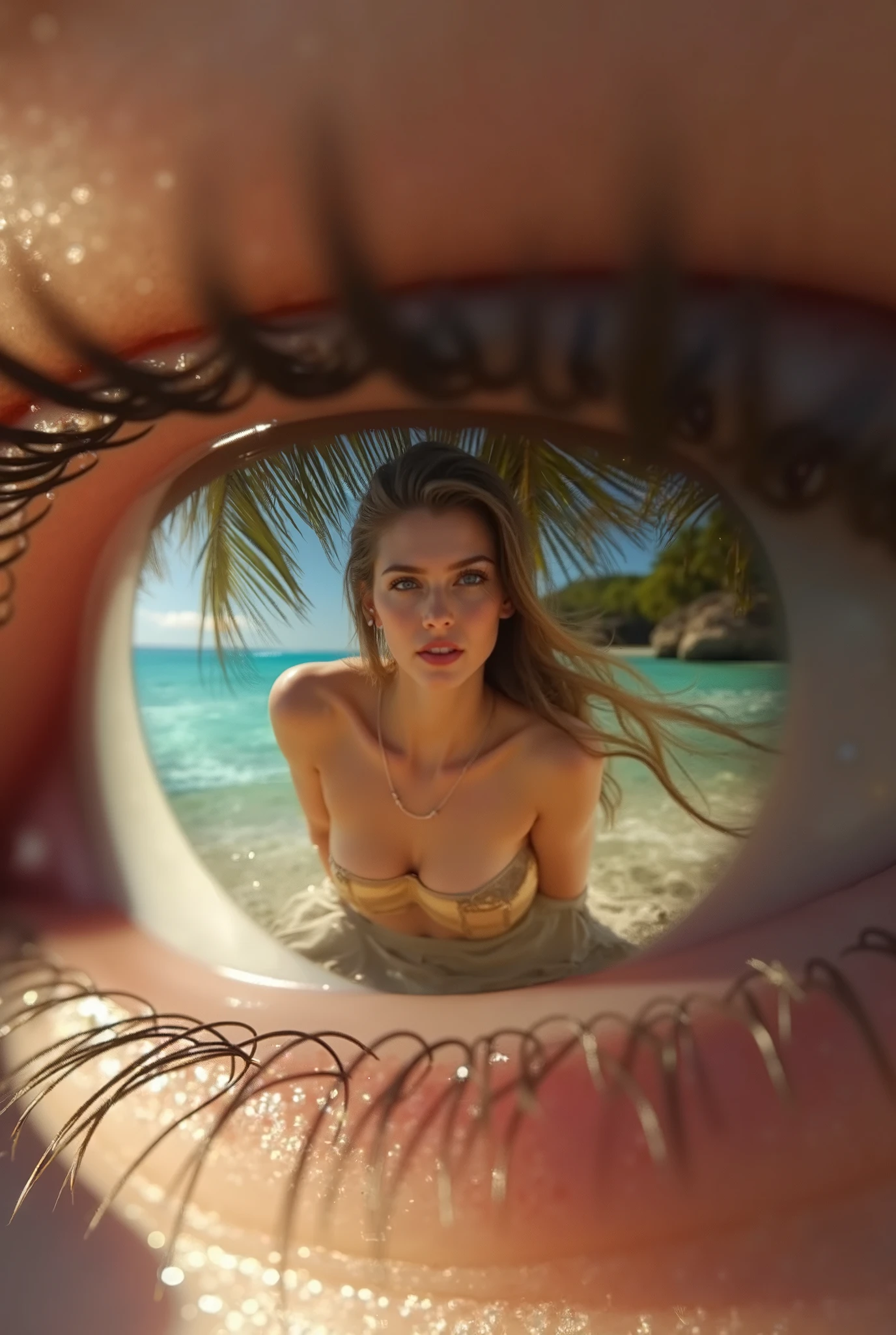Extreme close-up De l'œil d'une femme magnifique, in which we see the reflection of a beautiful naked woman leaning forward on a tropical beach.