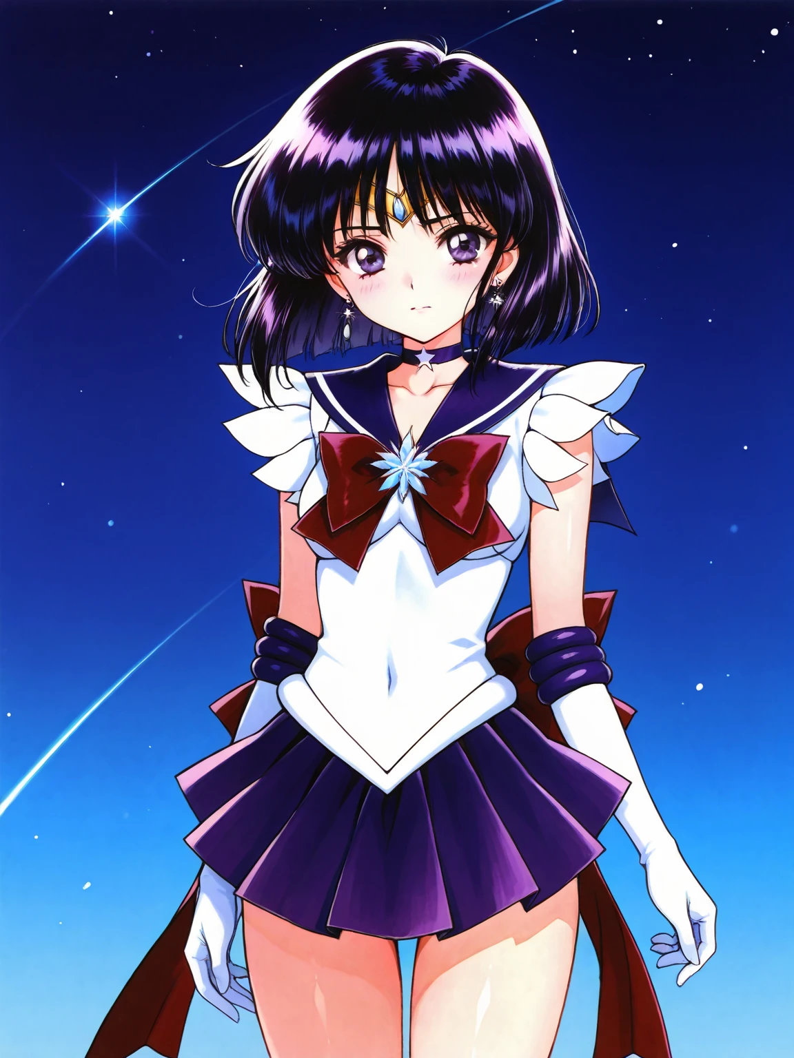 masterpiece, best quality, 1girl, solo, facing viewer, (art by Naoko Takeuchi), rooftop, skyline, night, fog, starry sky, full moon, bishoujo senshi sailor moon BREAK EPsmSailorMars, purple eyes, half-closed eyes, evil face, smirk, parted lips, purple hair, short hair, full makeup, black eyeshadow, red lipstick, mascara , bow, bowtie, purple bow, purple bowtie, breasts, brooch, choker, elbow gloves, gem, gloves, heart, heart brooch,jewelry,red bow, red choker, red gemstone, red sailor collar, shirt, short sleeves, star (symbol), star choker, black gloves, black leotard, black shirt BREAK leotard, miniskirt, pleated skirt, red skirt, thighhighs
