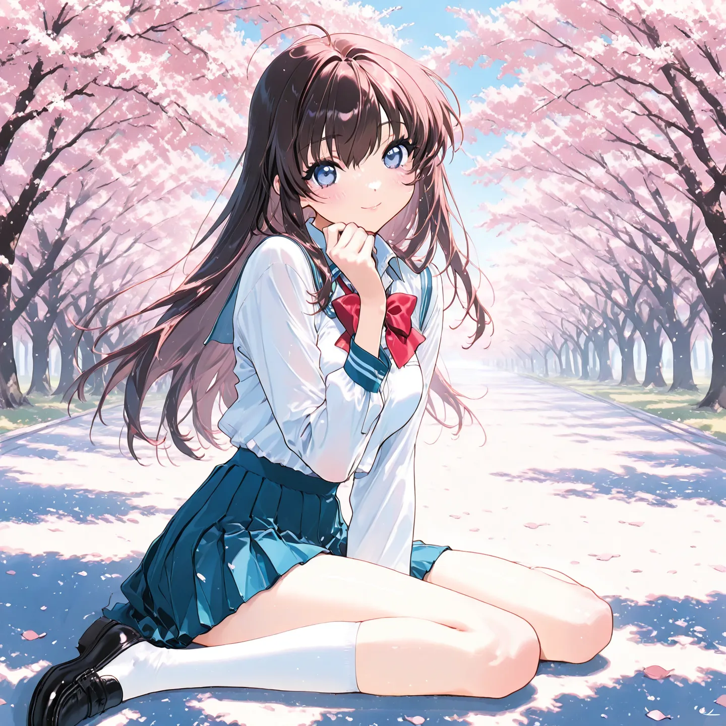 Anime girl sitting on the ground in front of a tree lined road - SeaArt AI