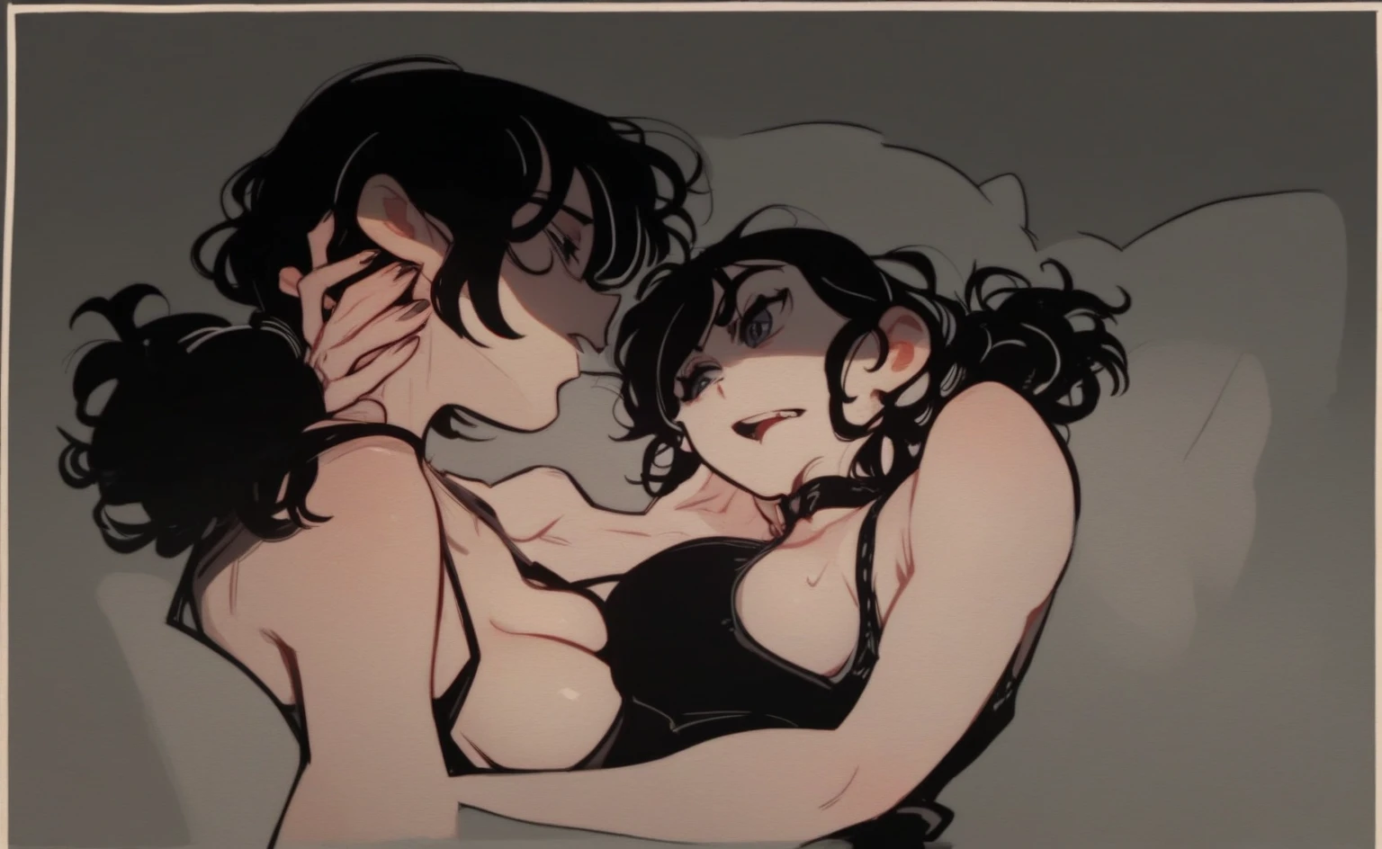 Curvy blue eyed girl with long wavy black hair and small breasts, (cruel_expression):3.0, (erect penis), (dominant_futa on small woman sex):2.5, sex_press anal