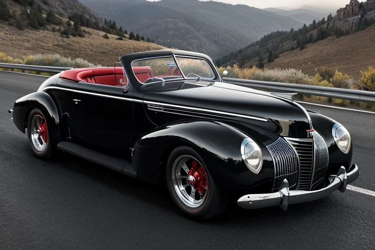 ((best quality)), ((masterpiece)), (detailed), 1940s aerodynamic body black sport car with red lines, photorealistic, 8K, HDR, physically-based render, sleek bodywork, chrome accents, low-profile tires, dynamic pose, winding road, mountainous landscape, dramatic lighting, cinematic composition
