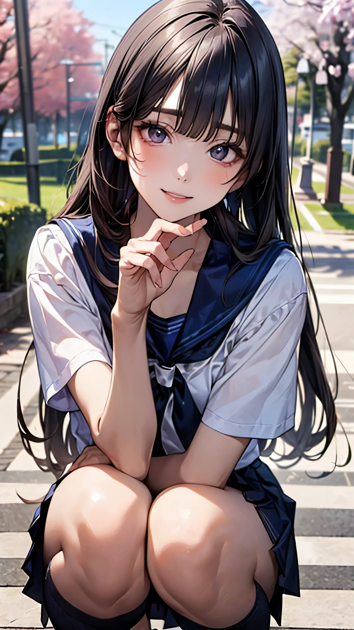 (msfw:1.4), (Realistic, photo Realistic:1.2), ((Highest quality)), Shift the center of gravity backwards, Quite embarrassing, White panties, (Showing panties:1.4),Tight Skirt, (Panty shot:1.3), (Roll up your skirt:1.3), (Squat:1.4), (Spreading pussy:1.2), Place your heels on the ground, Please spread your legs a little, Squat with your knees up, Attach your butt to the ground, Black Penny Loafers, Beautiful facial details, Real human skin, Gentle expression, Front view, angle From below, Realistic, photoRealistic, cute, Short skirt, Squat deep on school grounds, cute school girl, Semi-long hair,Black Hair, Braided hair, Japanese school girl uniform, Sailor suit, whole body, smile, 自然なsmile, cutesmile, 魅惑的なsmile, (Looking at the audience:1.2), from before, From below,