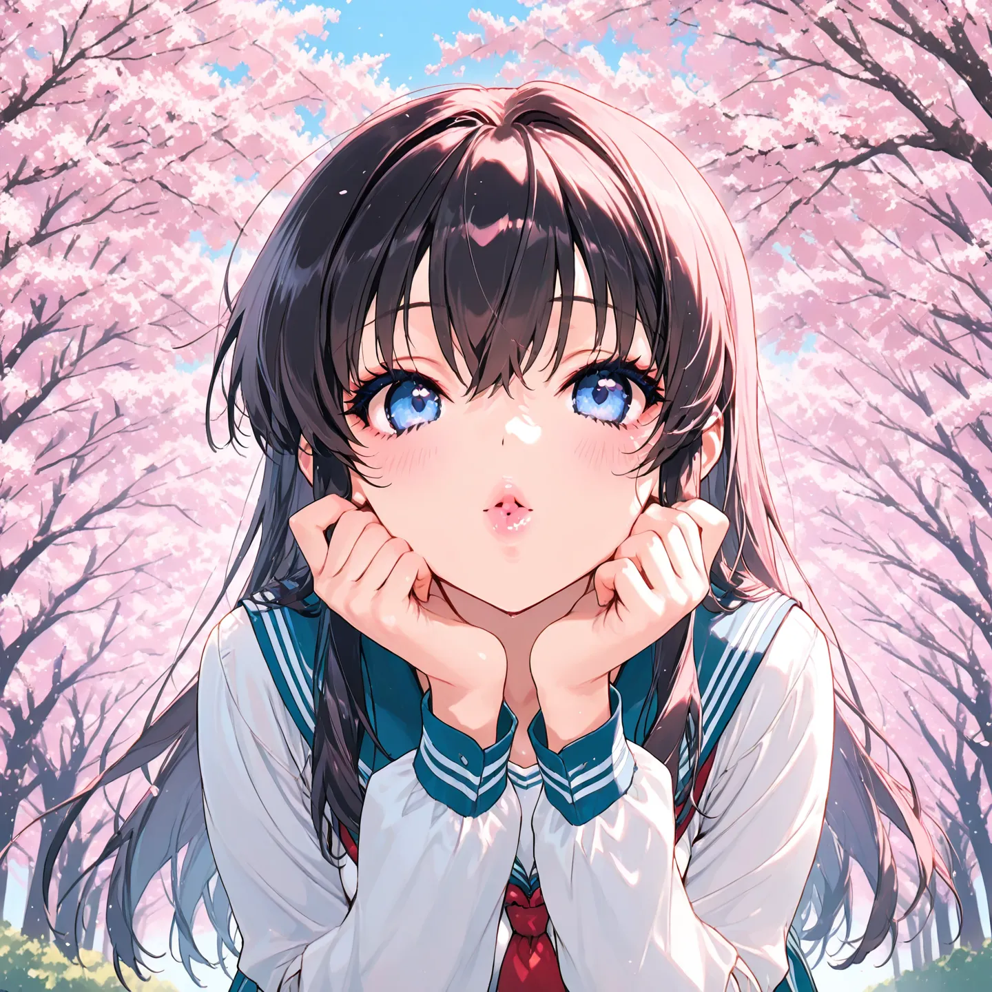 Anime girl with blue eyes and long hair in a park - SeaArt AI