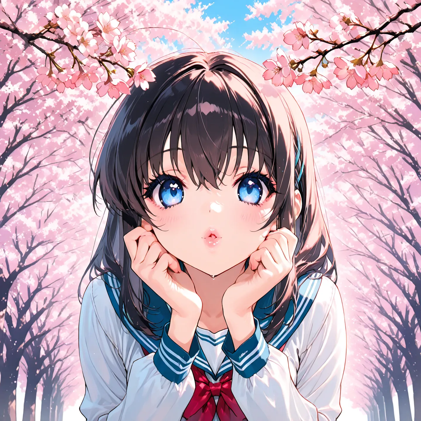 Anime girl with blue eyes and a red tie posing in front of a cherry ...