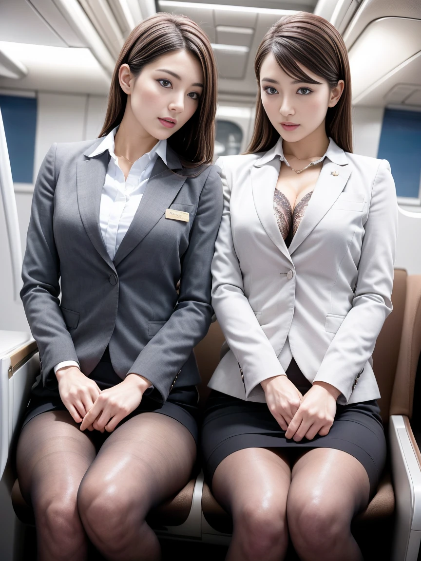 (nsfw)、highest quality, masterpiece, Super high resolution, (Photoreal:1.4), 1 female flight attendant、beautiful expression、symmetrical eyes、big breasts、perfect body proportions、(black stewardess uniform)、(cleavage is visible)、(No collar)、micro mini skirt、(black pantyhose)、(panties are visible)、look at the audience、、long legs(1.3)、smile、(Beautiful posture)、(Interior of a modern airliner)、cheeks flushed、short hair、Bangs up、standing elegantly、(Wearing a name tag)、