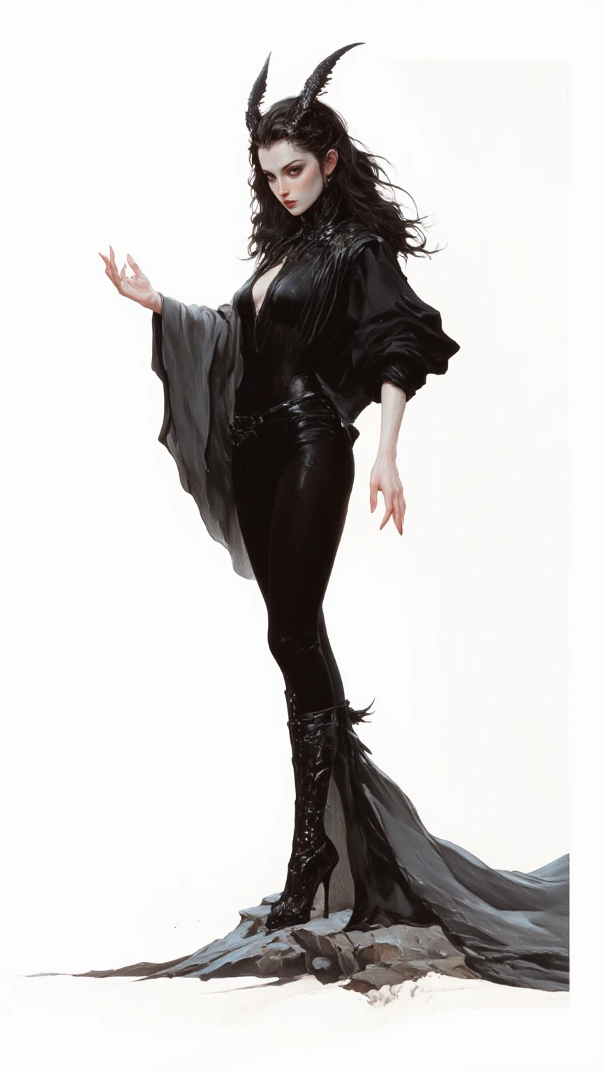Illustration art, full body movement, sexy woman in black outfit, underworld woman, very cool facial expression, gorgeous background, great erotic art, line art, sexy art, detailed body part details, long legs, inspired by J.C. Leyendecker, epic European and American illustrations