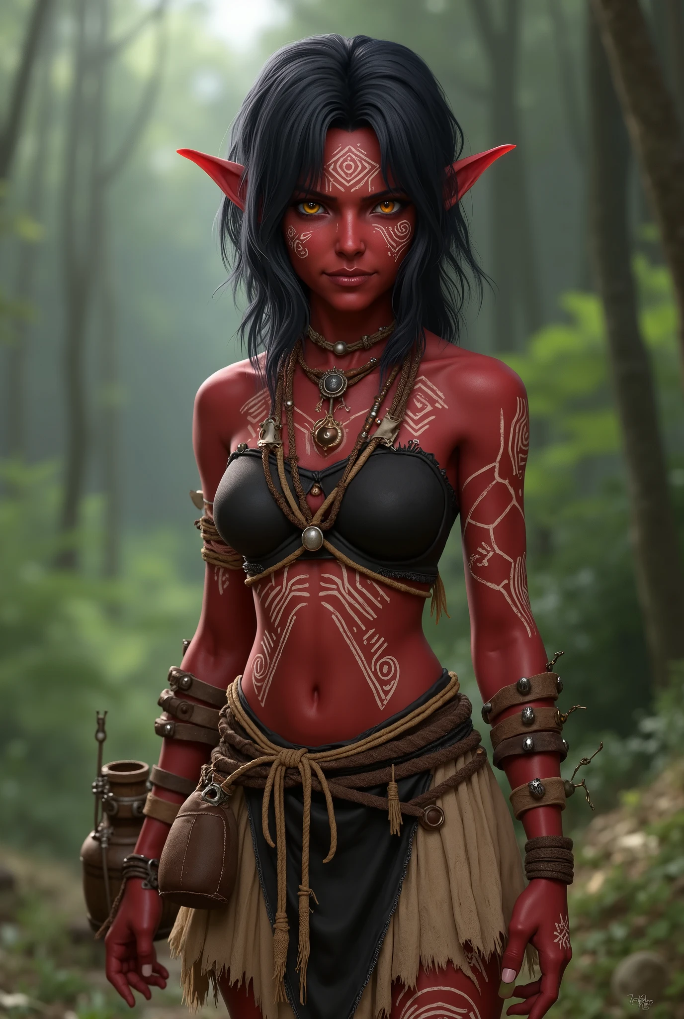 The character has deep red skin, decorated with white tribal tattoos or paintings distributed across her face, arms, legs and torso. These geometric patterns include lines, spirals and runic symbols, giving her a mystical and culturally rooted air. Her face is delicate and youthful, with a mischievous smile that conveys a sense of confidence or mischief. Her bright yellow eyes convey an enigmatic and intense gaze. She has elongated, pointy ears, similar to those of an elf or a goblin, with small earrings and metal ornaments. Her hair is black, straight and disheveled, falling asymmetrically around her face and shoulders. Some strands are held back with metal clips, giving her an air of intentional carelessness. She wears a black, tribal crop top, decorated with patterns similar to those on her skin. The asymmetrical black and beige skirt/apron has tribal ornaments and is tied at the waist with ropes and small bones or amulets, reinforcing the primitive and wild aesthetic.
Necklaces of rustic beads and pendants, possibly made of bones, teeth or stones.
Leather bracelets and bangles, with fabric details and small fringes.
A leather canteen tied at the waist, probably used to carry water or potions.
Ornate anklets, matching the other accessories.
The character is barefoot, with feet adapted to a nomadic or tribal lifestyle. The ground around her contains small plants and grasses, suggesting that she is in a natural environment, such as a forest or savannah.